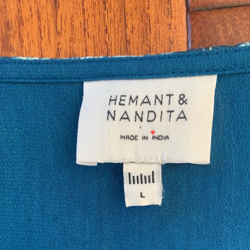 Hemant & Nandita  Dress Size L Kaiyo Long Sleeve Blue Silver Metallic Wrap Mini - Picture 8 of 15